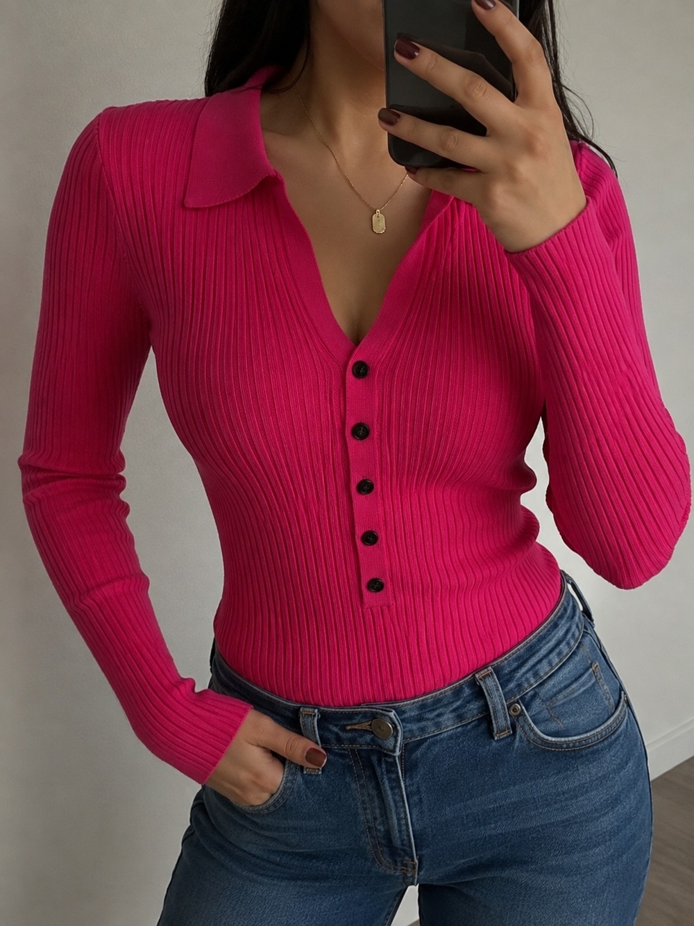 Karl Lagerfeld Fitted Ribbed Button-Front Polo Top in Hot Pink